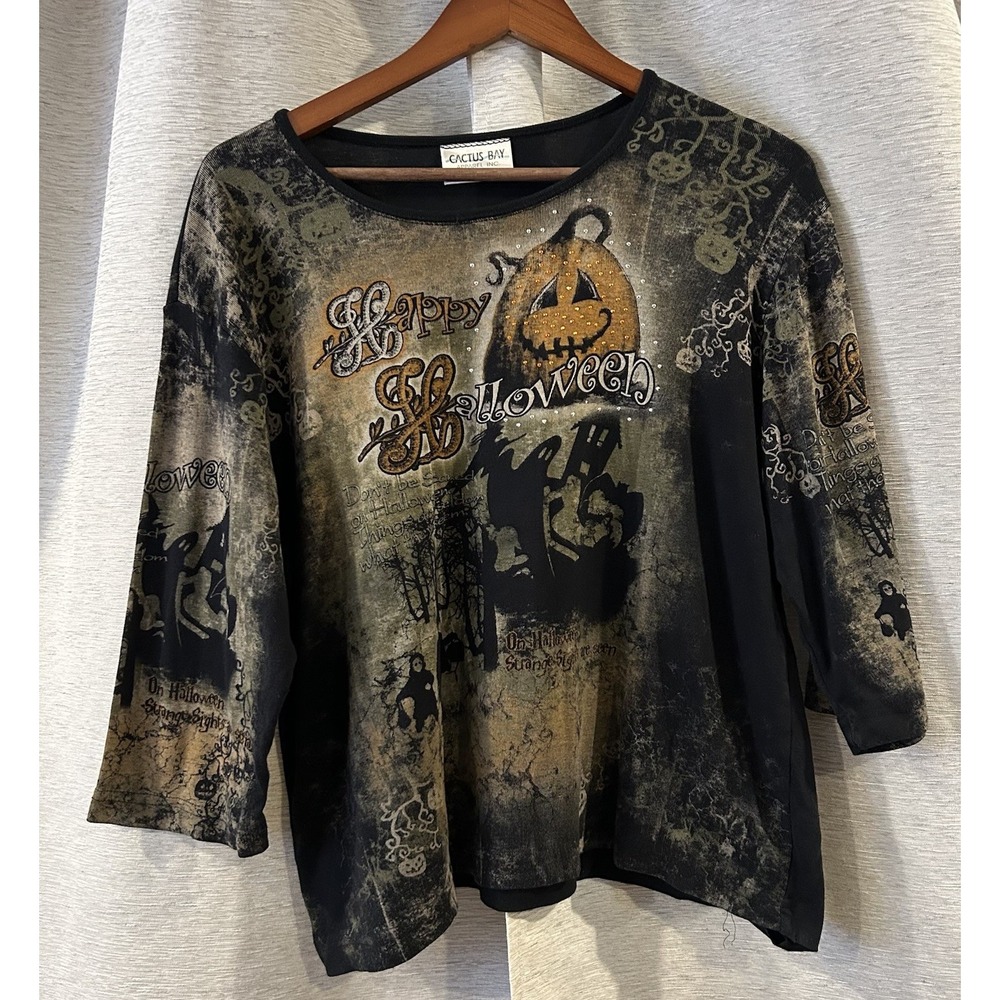 Vintage Y2K Halloween Top 3/4 Sleeve Black Front Back Printed Spooky Size‎ 2XL